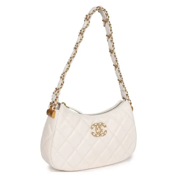 Chanel 19 Hobo Bag White Aged Calfskin Brushed Gold Hardware