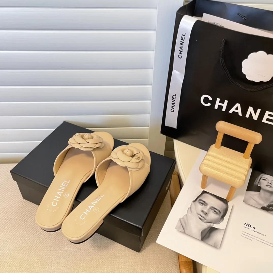 Chanel Camellia Slides Beige