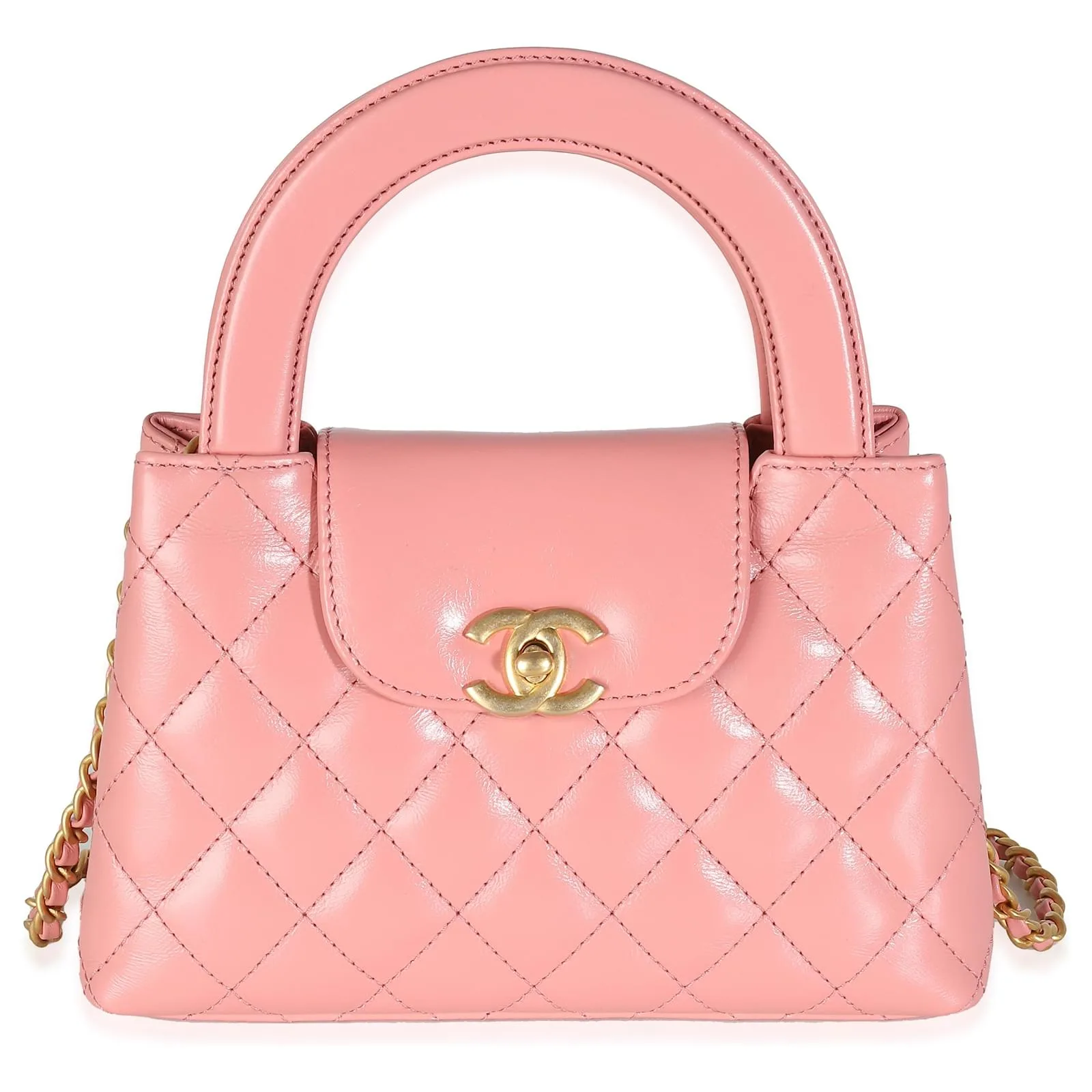 Chanel Shiny Aged Calfskin Quilted Nano Kelly Shopper Coral Pink