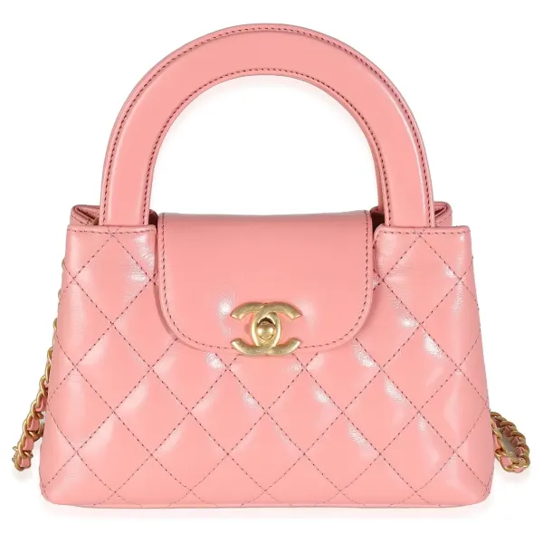 Chanel Shiny Aged Calfskin Quilted Nano Kelly Shopper Coral Pink