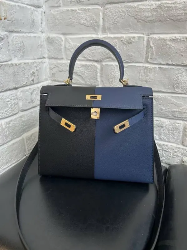 H Kelly 28 Sellier Black Blue Indigo Blue Frida Epsom Gold Hardware