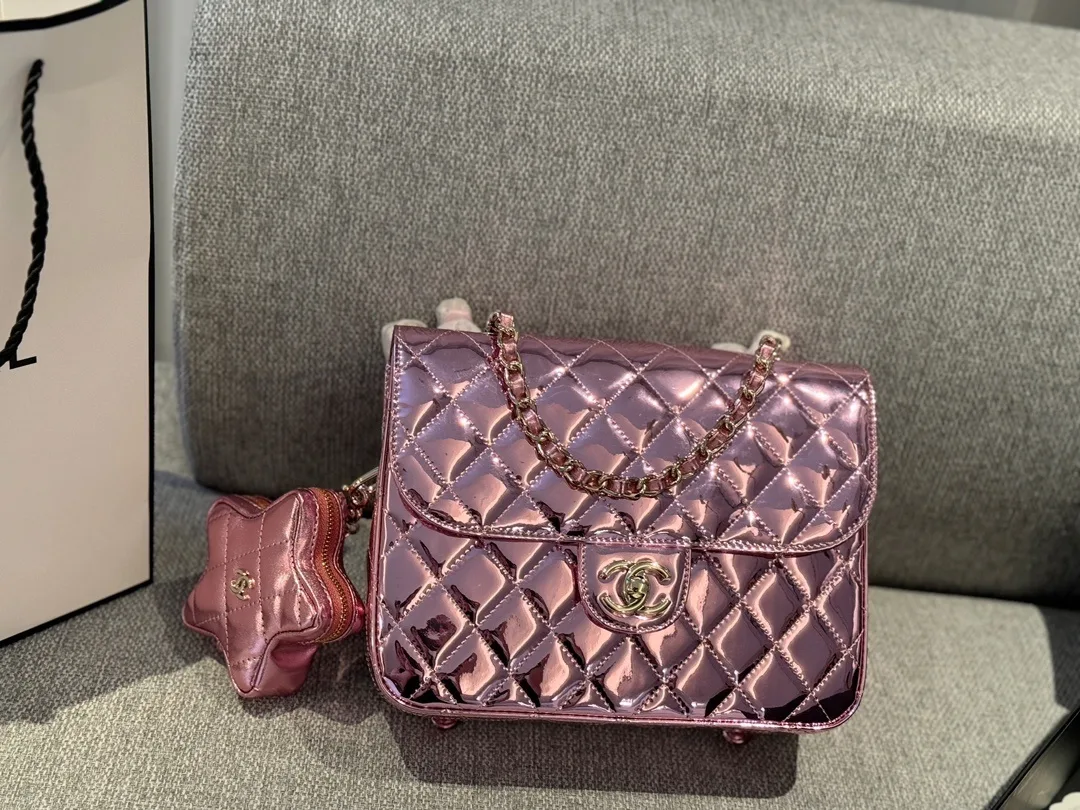 Chanel Mini Flap Bag & Star Coin Purse Pink Mirror Calfskin/Metallic Calfskin Light Gold Hardware