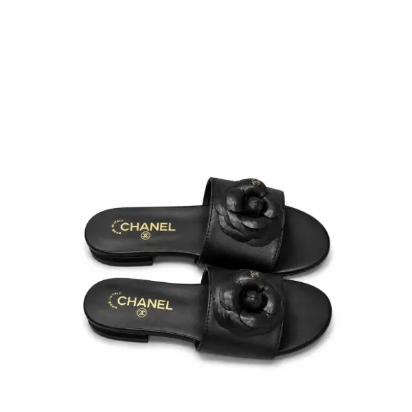 Chanel Camellia Leather Slides Black