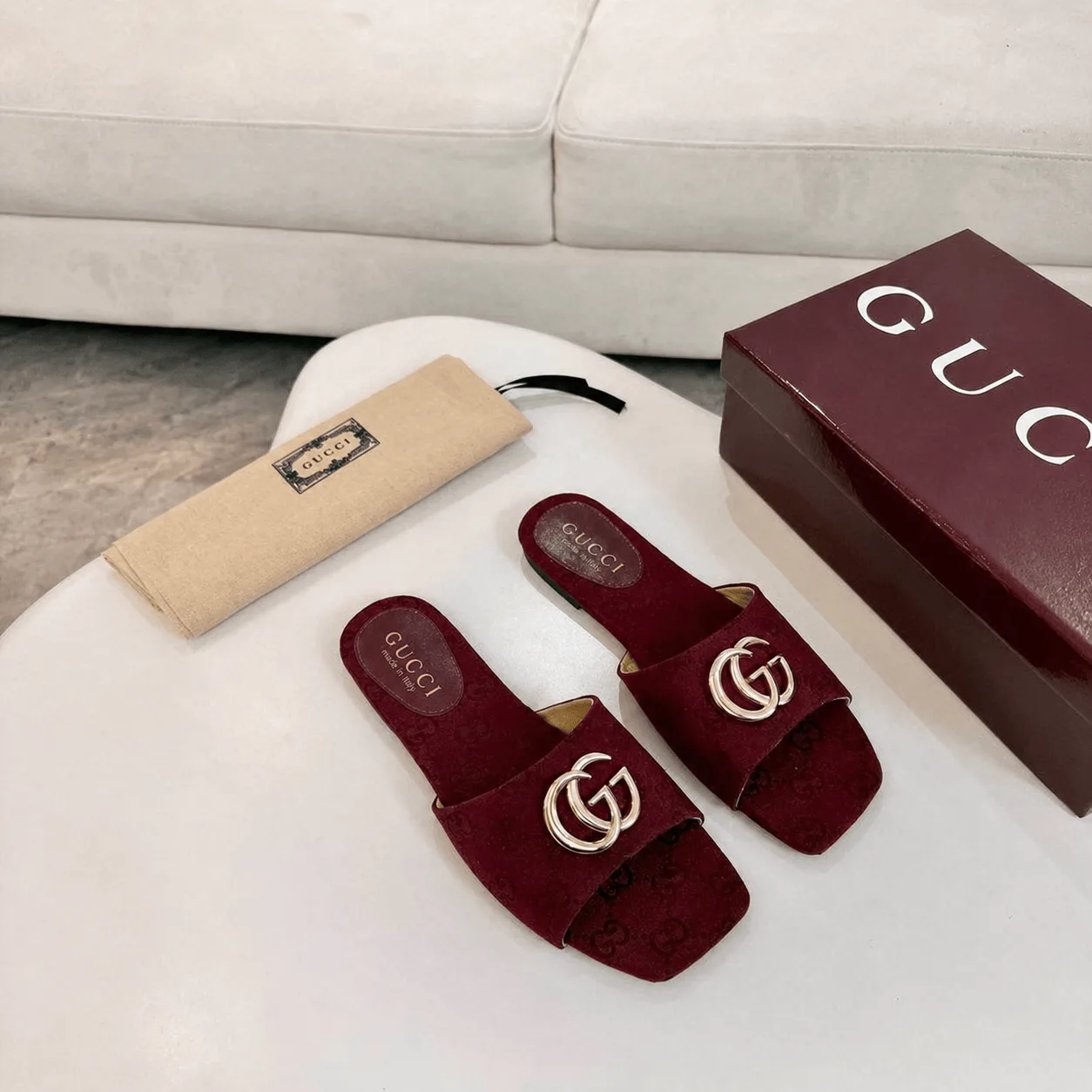 Gucci Classic Monogram Canvas Single-Strap Slide Sandals In Burgundy