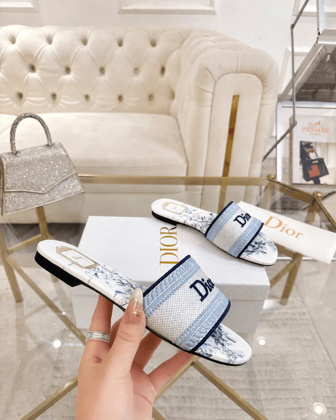 Dior Dway Slide Embroidered Canvas Blue and White Floral Motif