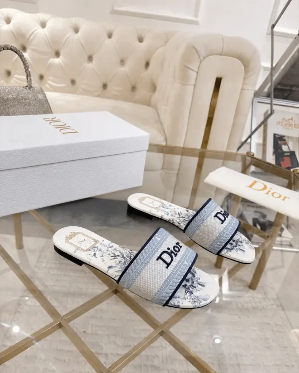 Dior Dway Slide Embroidered Canvas Blue and White Floral Motif