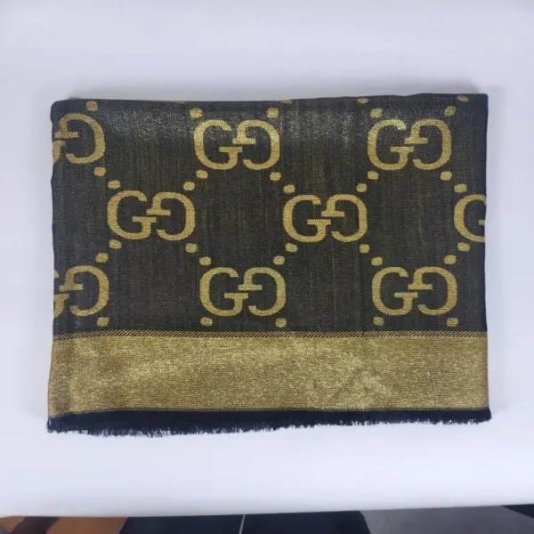 Gucci GG Jacquard Silk Wool Shawl Black And Gold