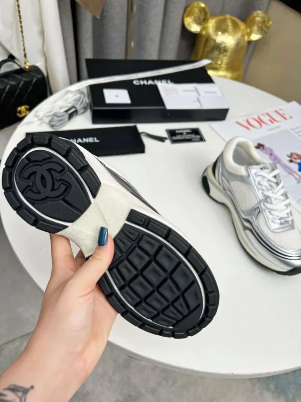 Chanel 23C Silver Metallic Cc Logo Lace Up Flat Runner Trainer Sneaker White G39792 Y56368 K5451