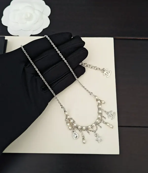 Chanel Crystal Star And Pearl Tassel Necklace In Silver-Tone Metal