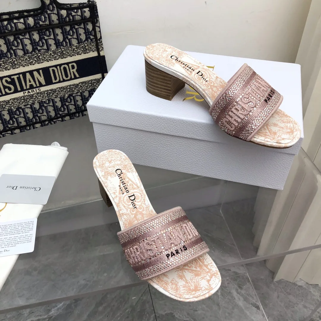 Dior Dway Heeled Slide Embroided Cotton Pink