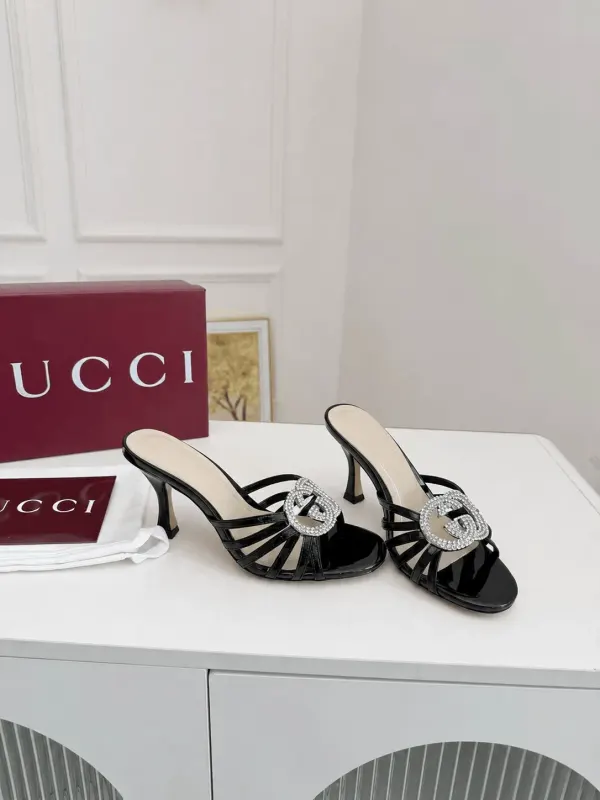 Gucci Interlocking G 85 Crystal Patent Leather Sandals Black