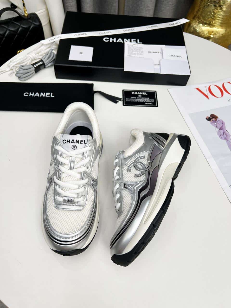 Chanel 23C Silver Metallic Cc Logo Lace Up Flat Runner Trainer Sneaker White G39792 Y56368 K5451