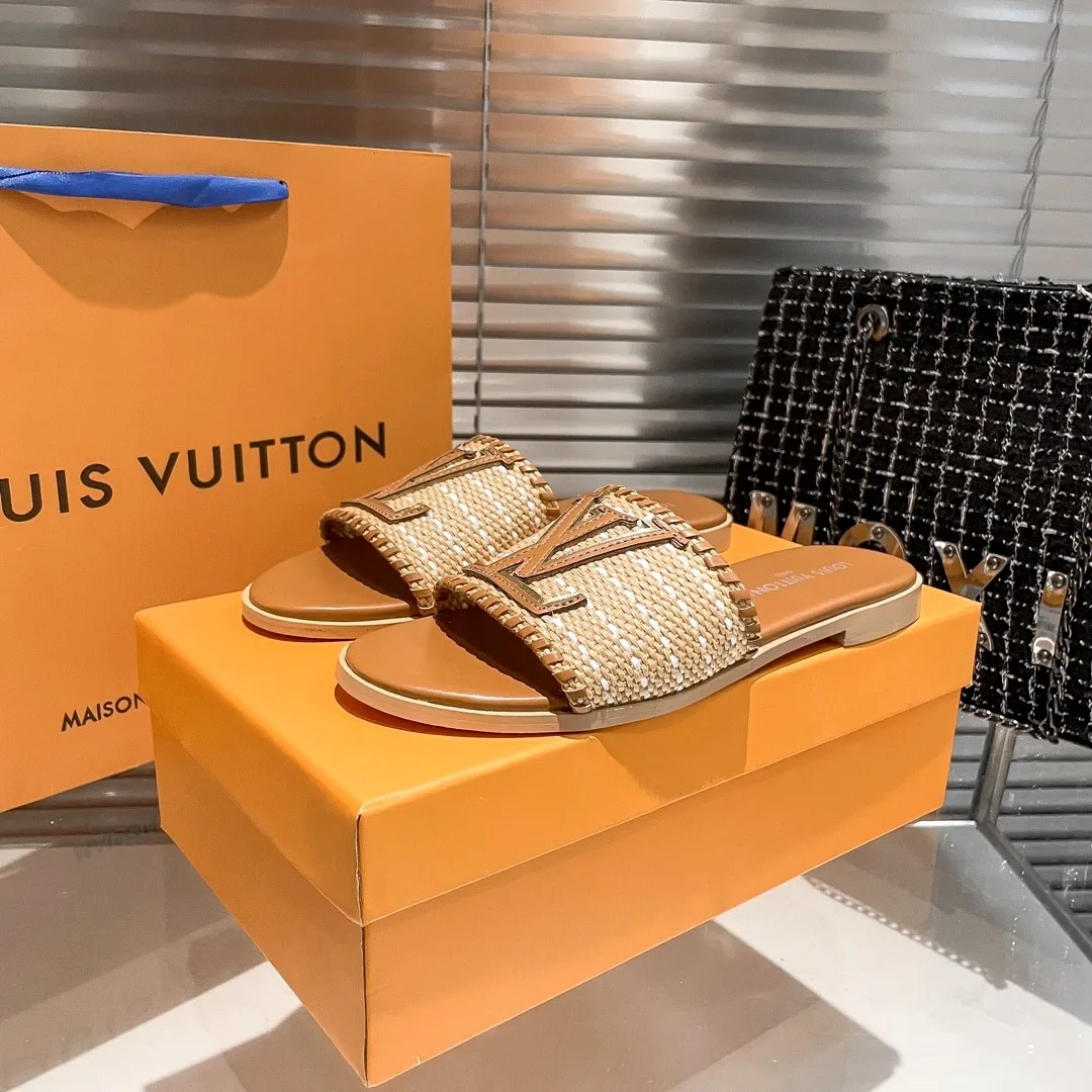 Louis Vuitton Lock It Flat Raffia Mules Brown