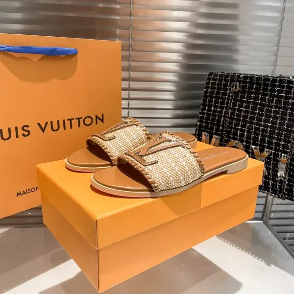 Louis Vuitton Lock It Flat Raffia Mules Brown