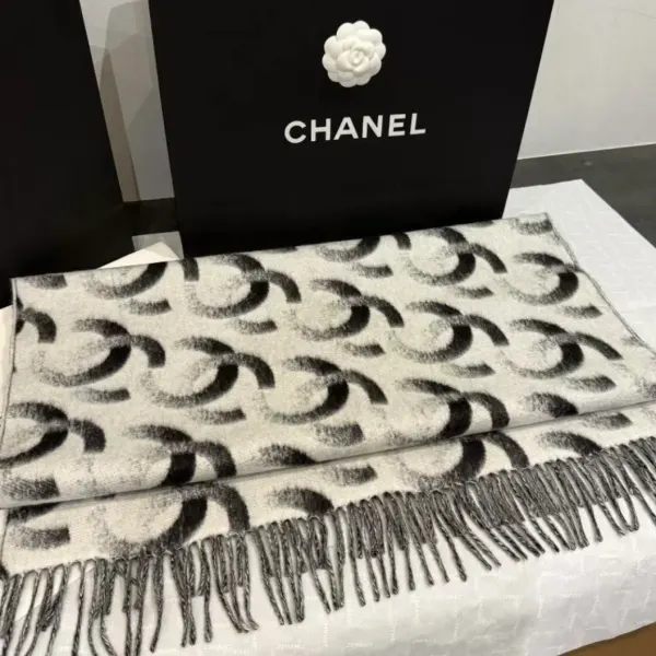 Chanel Black And White Cashmere Blend Scarf