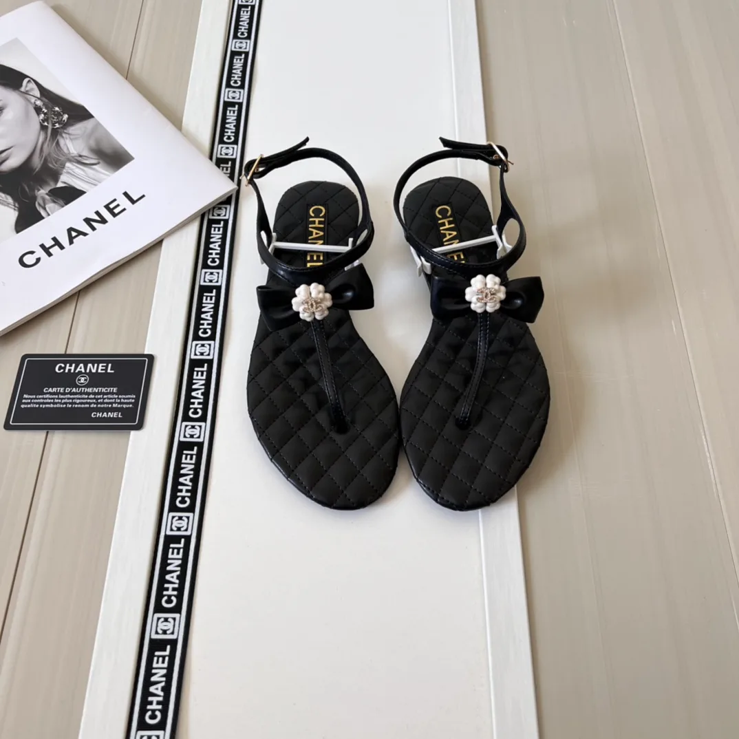 Chanel Black Quilted Leather With White Camellia Cc Logo Sandals G45258 X01000 94305