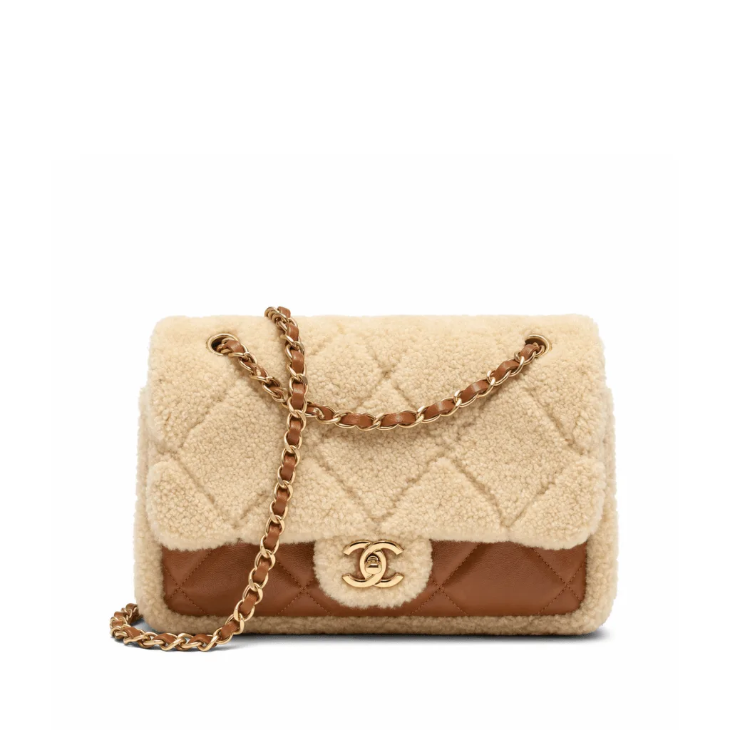 Chanel Small Shearling Flap Leather Bags With Fur Trim Brown Main image