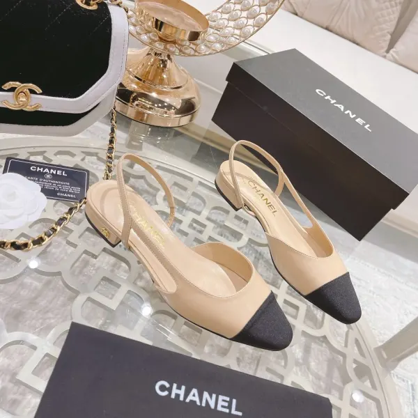 Chanel Lambskin Grosgrain Cap Toe Cc Slingback Flats Beige