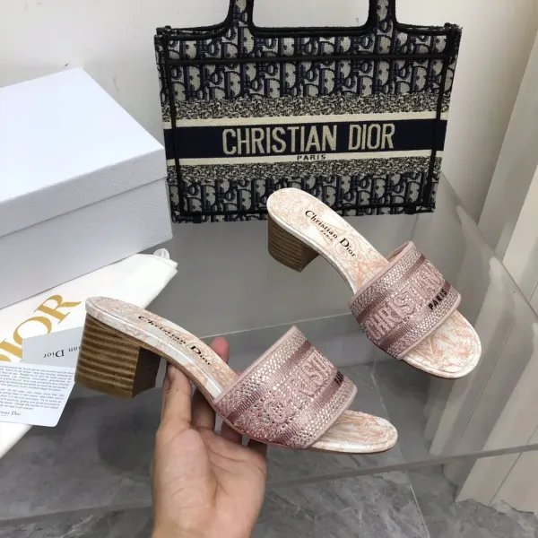 Dior Dway Heeled Slide Embroided Cotton Pink