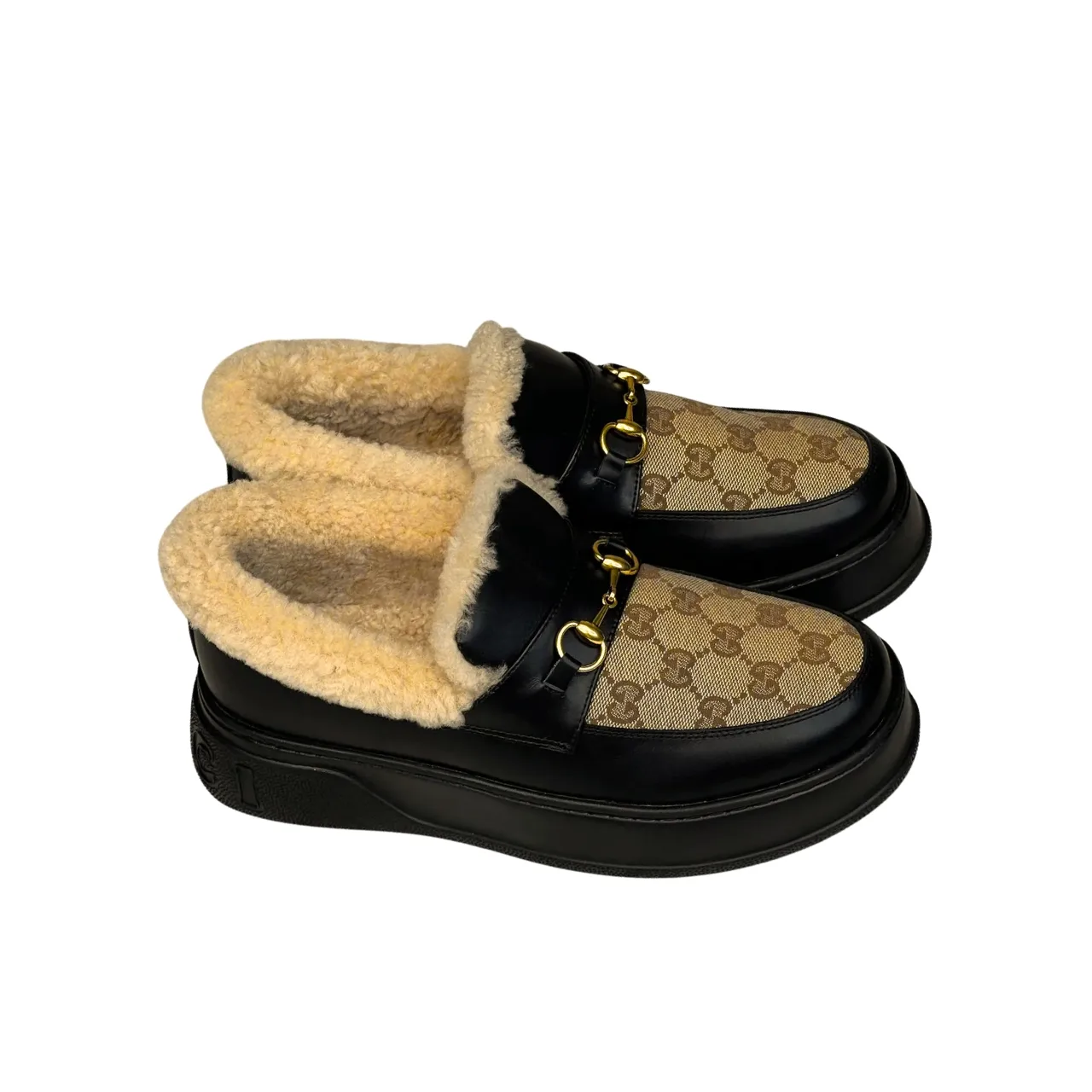 Gucci Fleece Collar Loafers Gg Beige And Black Leather Main image