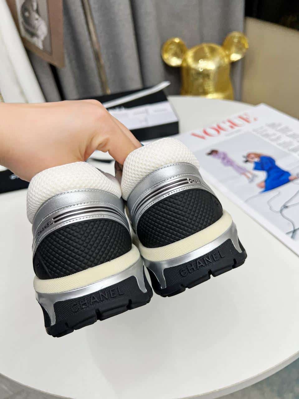 Chanel 23C Silver Metallic Cc Logo Lace Up Flat Runner Trainer Sneaker White G39792 Y56368 K5451