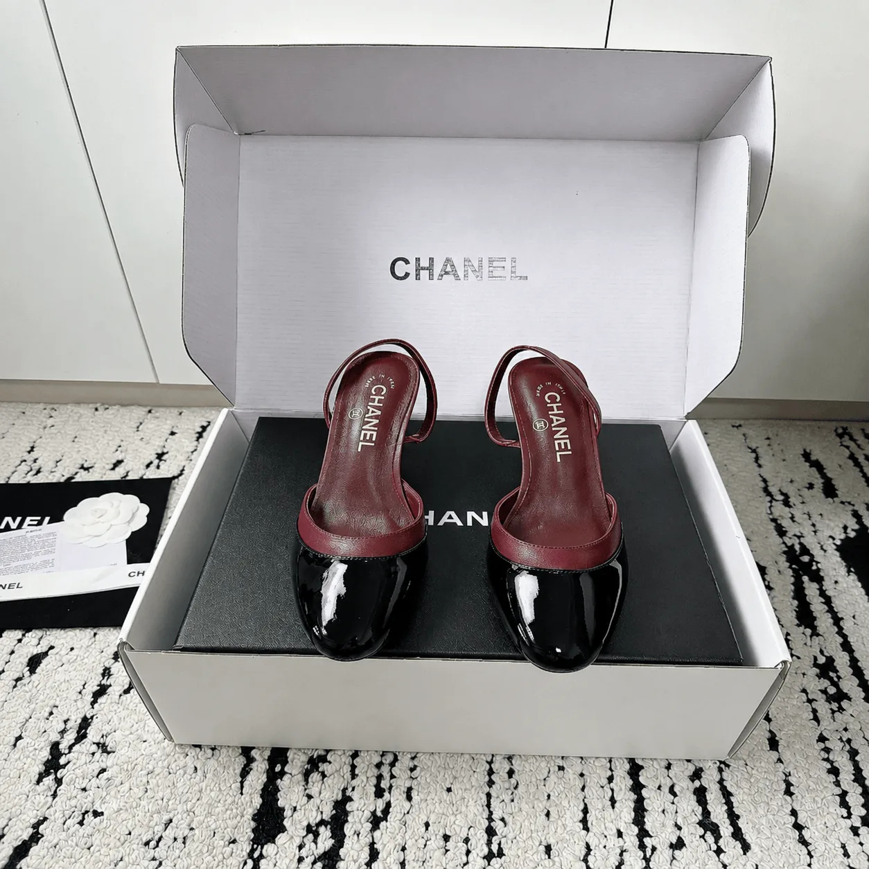 Chanel Slingbacks Lambskin & Patent Calfskin Burgundy Black