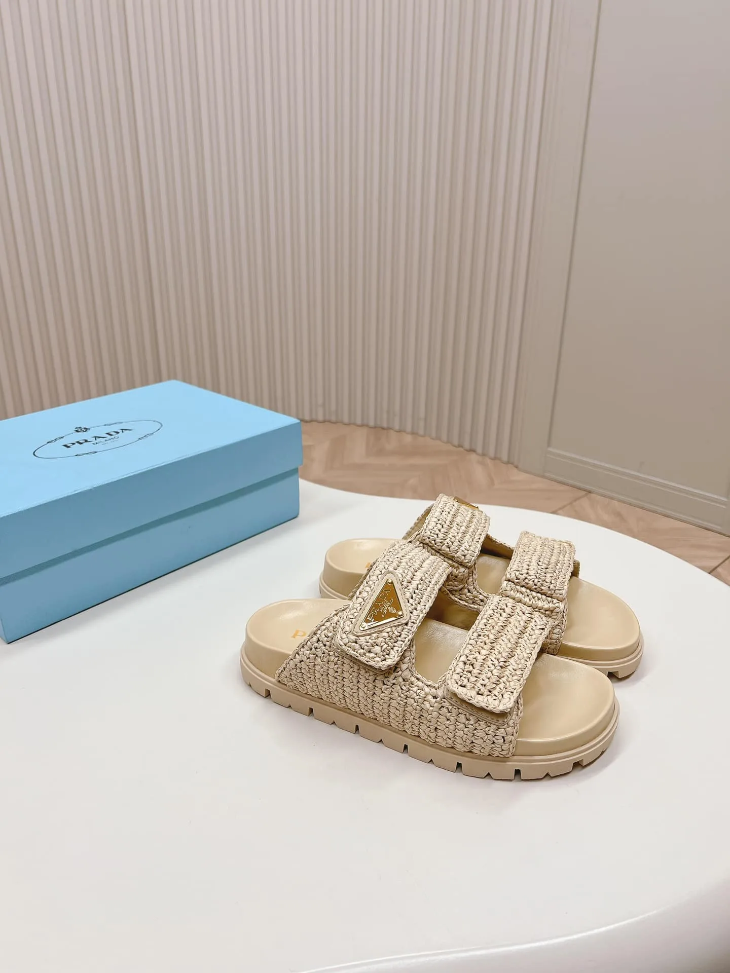 Prada Raffia Double Band Slide Sandals Beige 1Xx699 F020 2C2T F0018 Secondary image