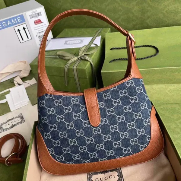 New Denim GG Monogram Calfskin Small Jackie 1961 Hobo Blue Tea Cuir