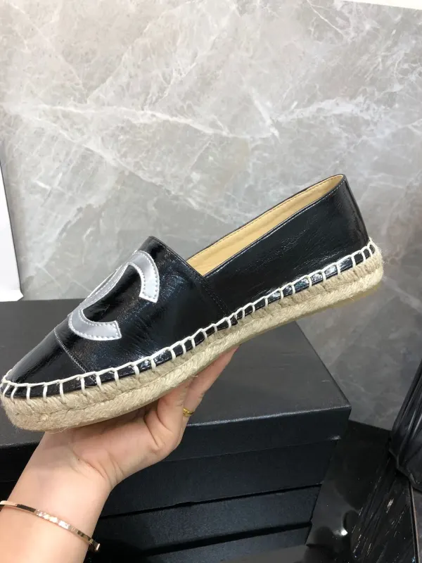 Chanel Embroidered Espadrille Leather Cap Toe Flats Black Cc