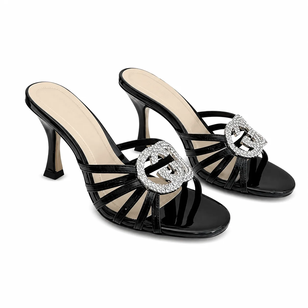 Gucci Interlocking G 85 Crystal Patent Leather Sandals Black Main image