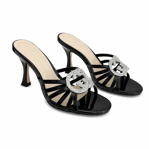 Gucci Interlocking G 85 Crystal Patent Leather Sandals Black