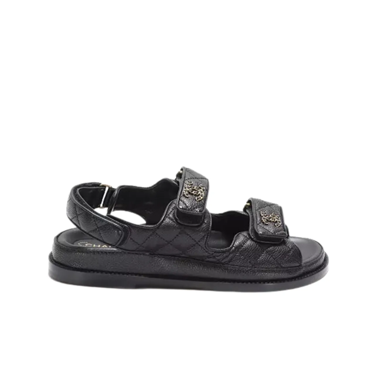 Chanel Cc Button Velcro Black Sandals Grained Calfskin Leather Main image