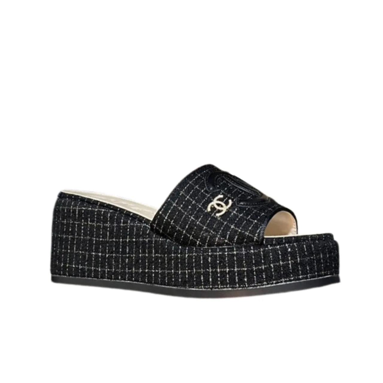 Chanel Tweed Cc Platform Slide Sandals Black Main image