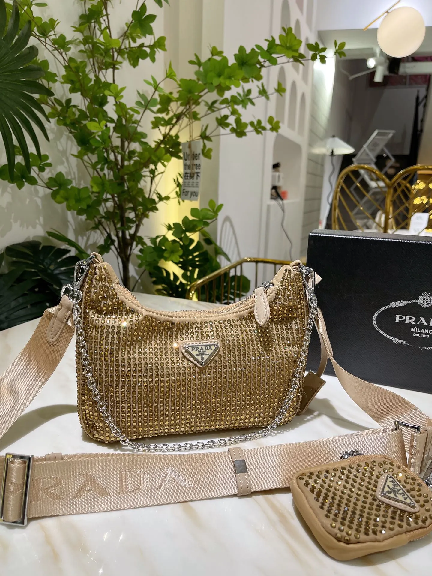 Prada Crystal Embellished Metallic Re-Edition 2005 Gold Satin Shoulder Bag Secondary image
