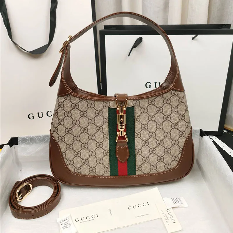 Gucci Jackie 1961 Small Shoulder Bag Beige GG Canvas Brown Leather Gold