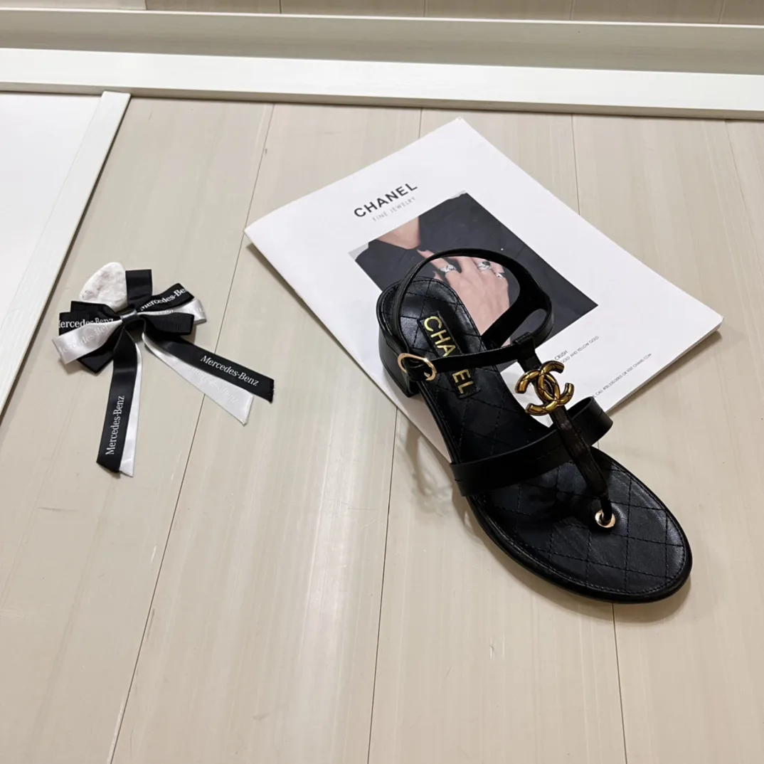Chanel Sandal Open Round Toe Flip Flops Black