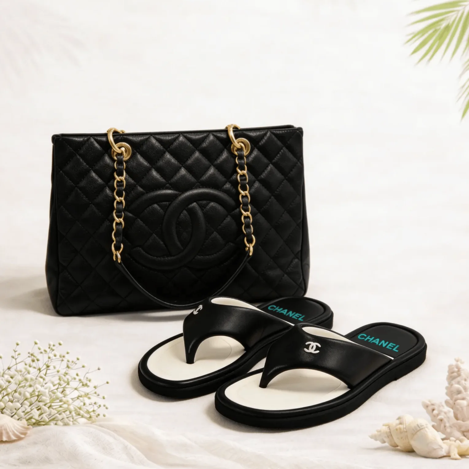Chanel Noir Riviera Ease 2 Piece Set Bundle (Tote Bag + Sandals) Main image