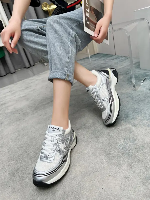 Chanel 23C Silver Metallic Cc Logo Lace Up Flat Runner Trainer Sneaker White G39792 Y56368 K5451