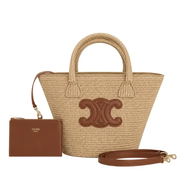 Celine Supple Small Triomphe Classic Panier In Raffia Tan 25Cm