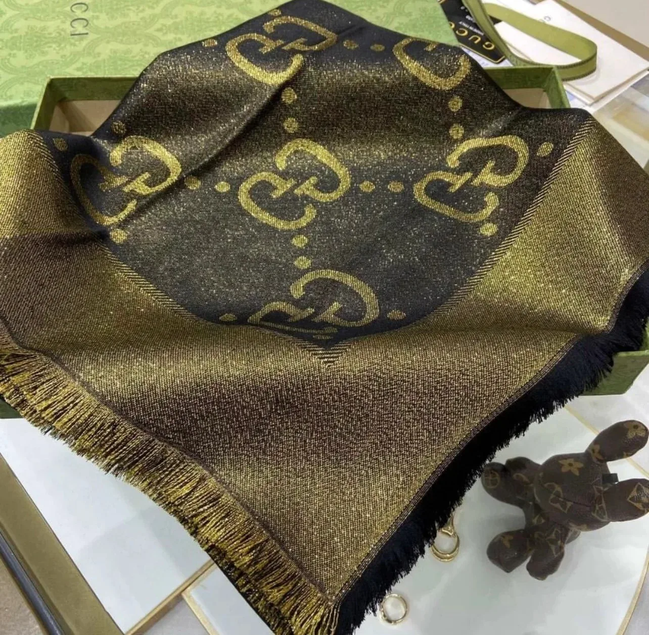 Gucci GG Jacquard Silk Wool Shawl Black And Gold