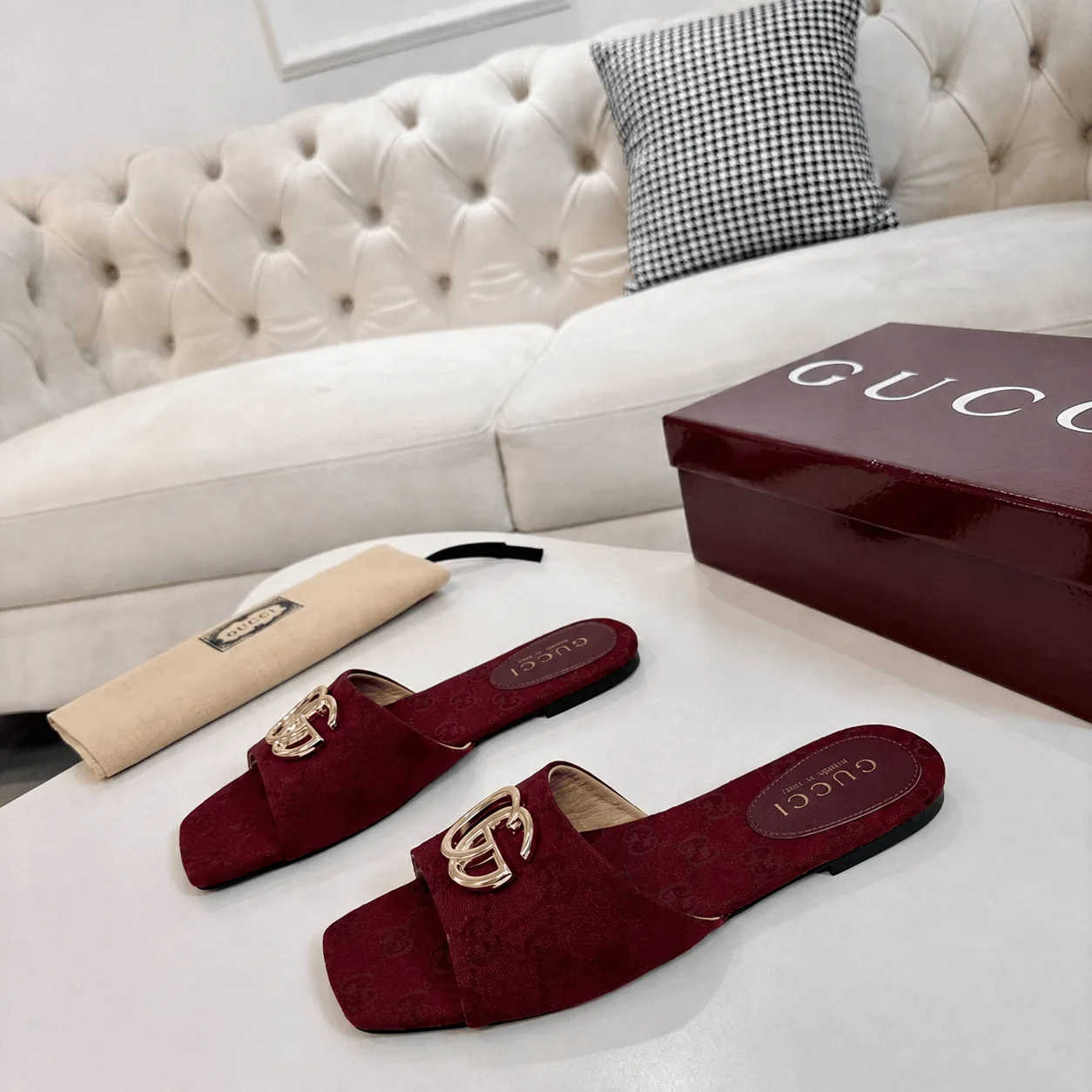 Gucci Classic Monogram Canvas Single-Strap Slide Sandals In Burgundy