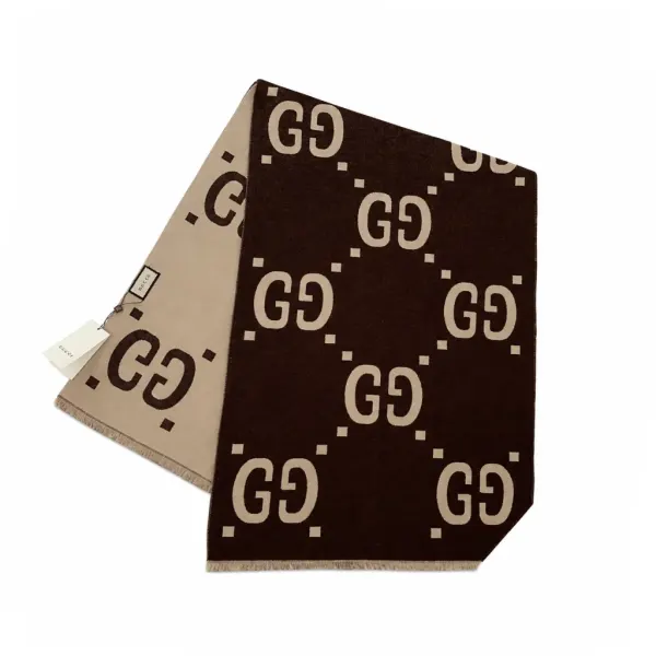 Gucci GG Pattern Jacquard Wool Silk Scarf In Beige/Brown