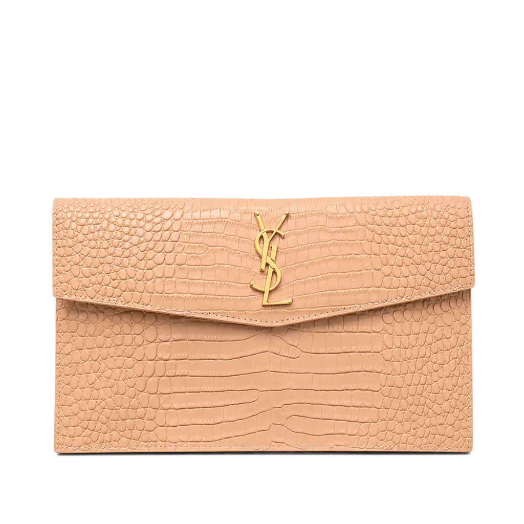 Saint Laurent Calfskin Crocodile Embossed Uptown Monogram Pouch Beige Main image