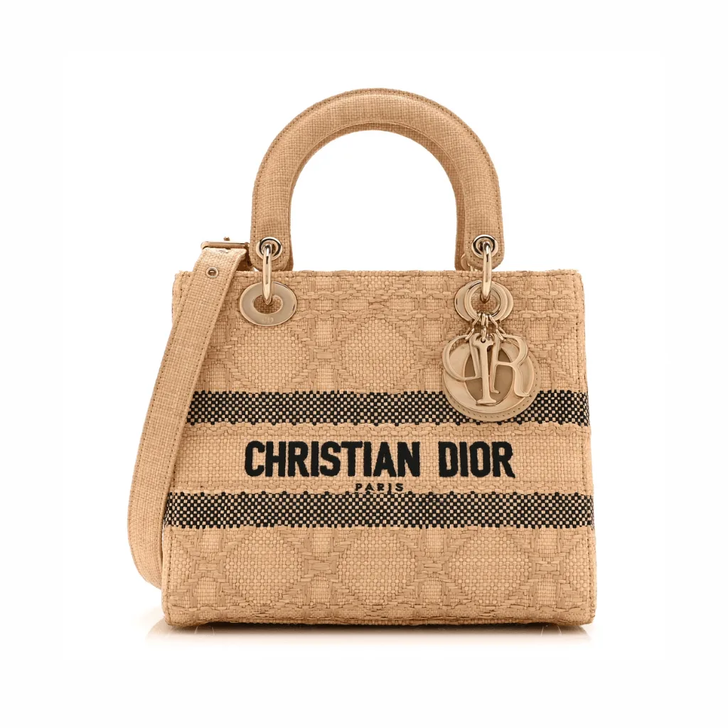 Dior Raffia Woven Cannage Embroidered Medium Lady D-Lite Natural Black Main image