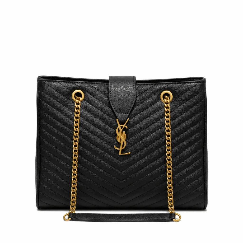 Saint Laurent Black Grain De Poudre Matelasse Chevron Monogram Shopping Bag Gold Hardware Main image