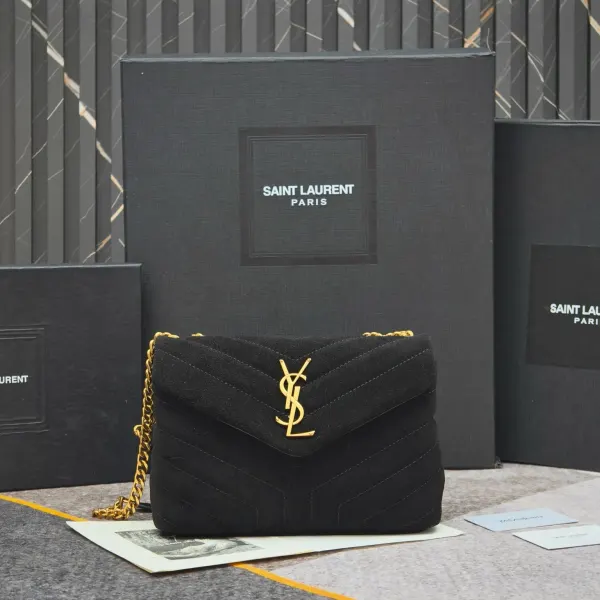 Saint Laurent Suede Calfskin Y Quilted Monogram Small Loulou Chain Satchel Black