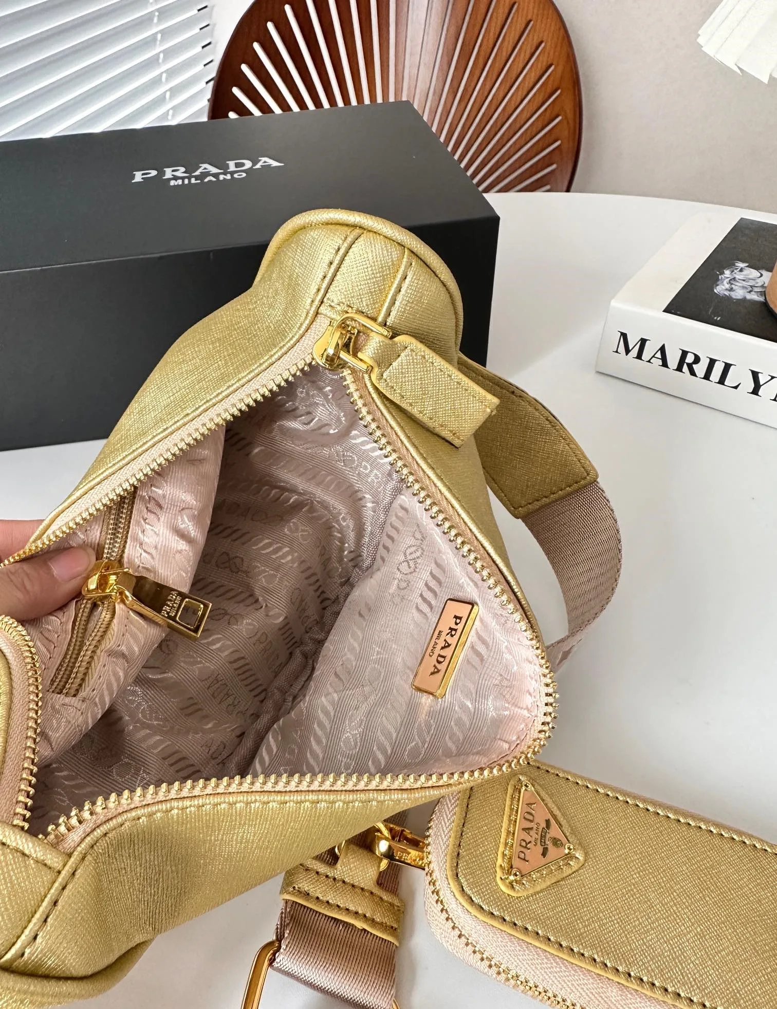 Prada Triangle Saffiano Leather Shoulder Bag Gold 28cm Secondary image