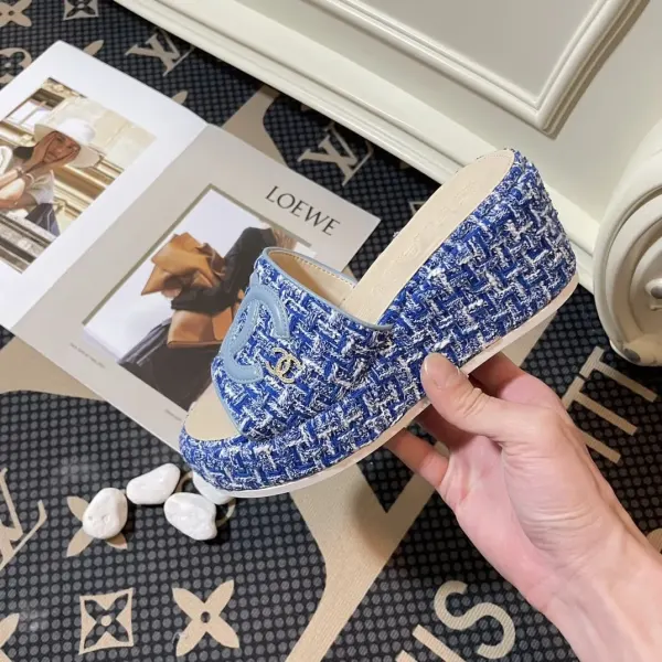 Chanel Tweed Cc Platform Slide Sandals Blue