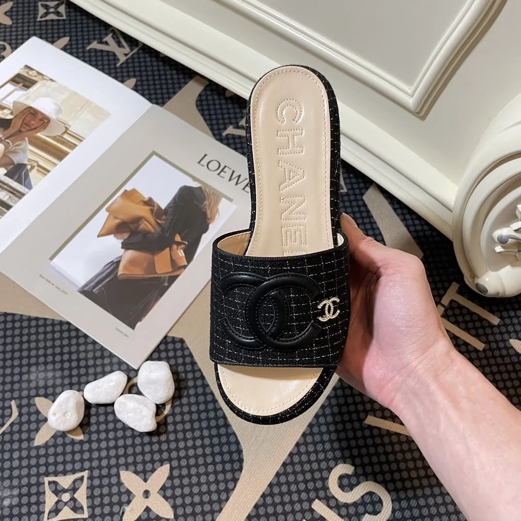 Chanel Tweed Cc Platform Slide Sandals Black