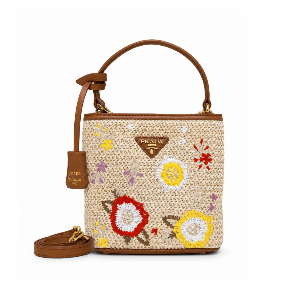 Prada Embroidered Floral Raffia Shoulder Bag In Brown Main image